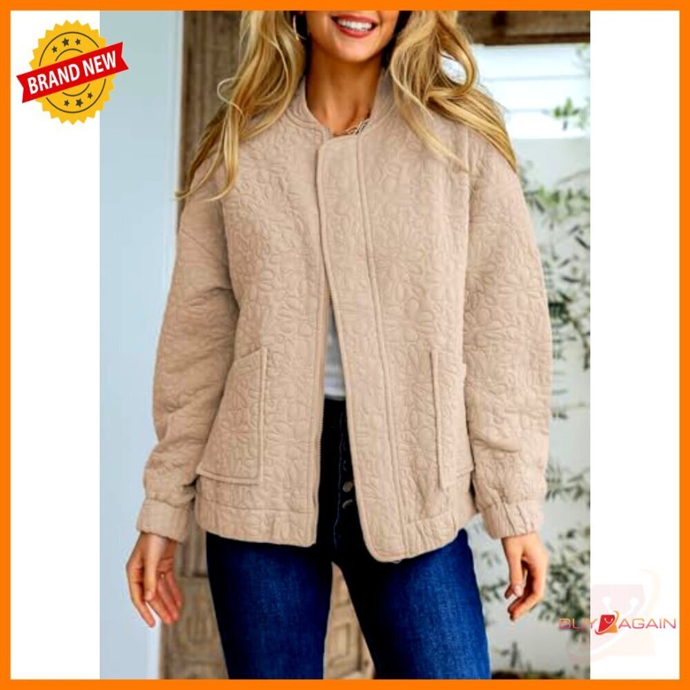 Lightweight Jacquard Bomber Jacket Oversized Chic Casual Zip Up Spring Fashion - Picture 3 of 7